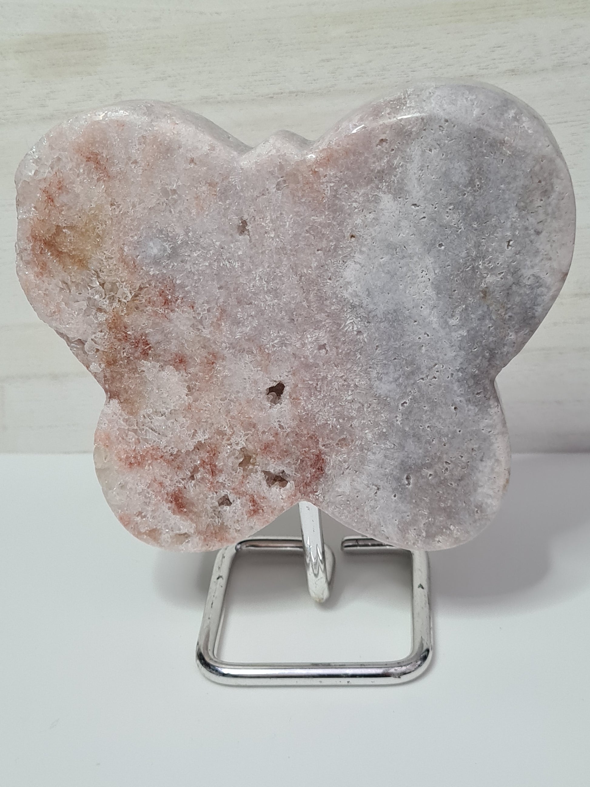 Natural Pink Amethyst Carved Butterfly on silver coloured stand