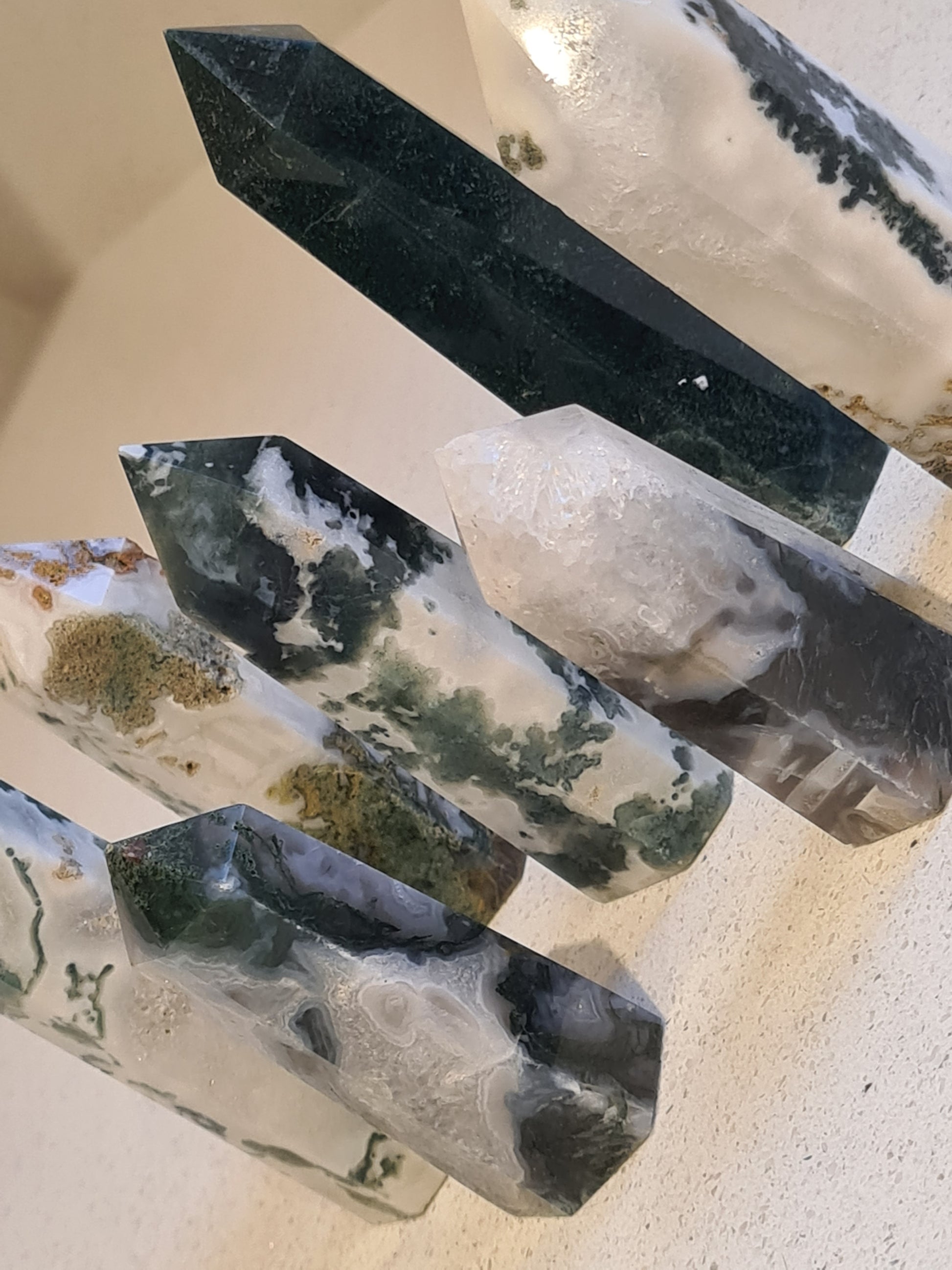 Moss Agate Towers, with green, white and natural colours. Two available
