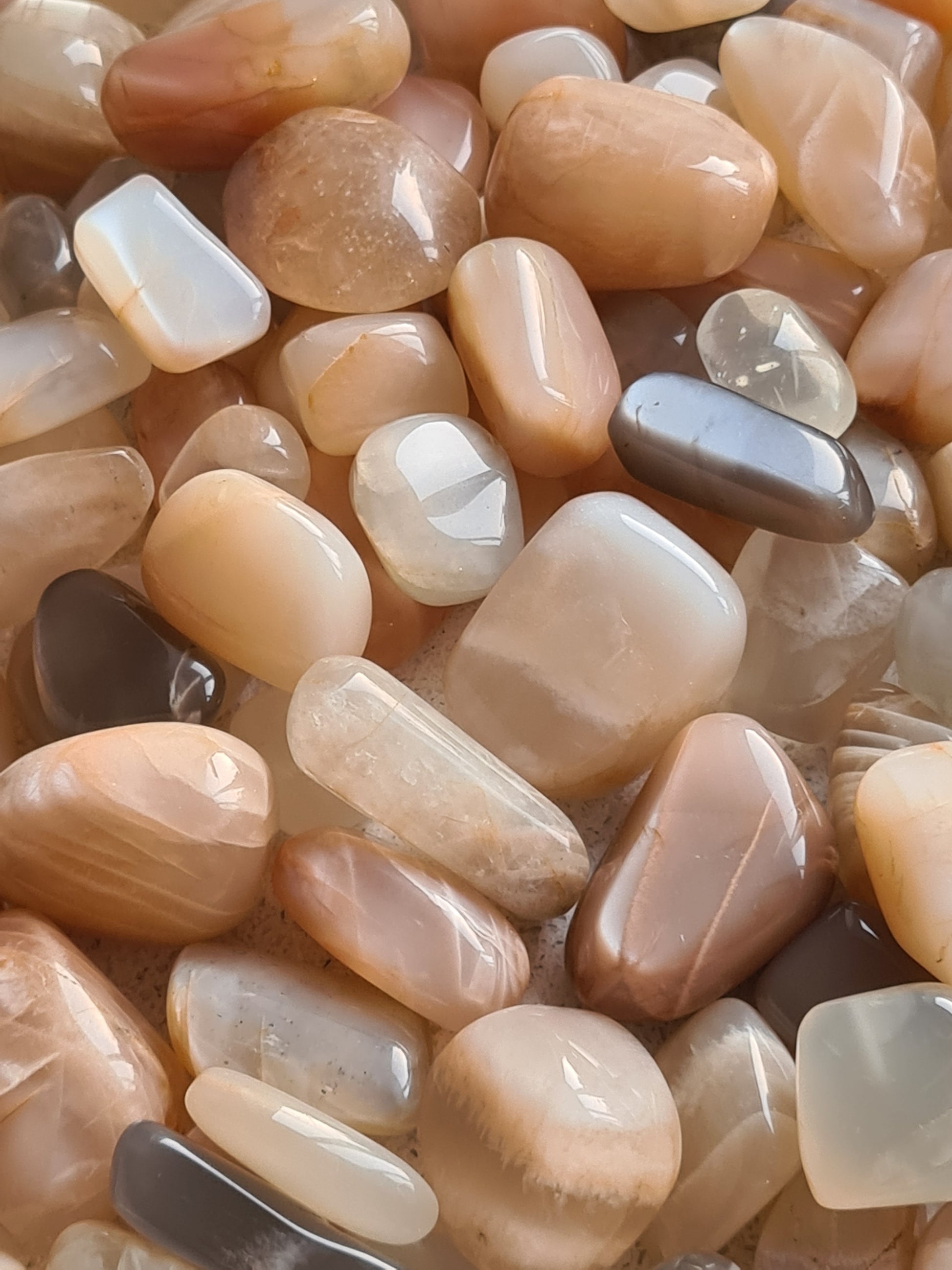 Peach, Grey and White Moonstone Tumbles, from 5g to 20g sizes available.