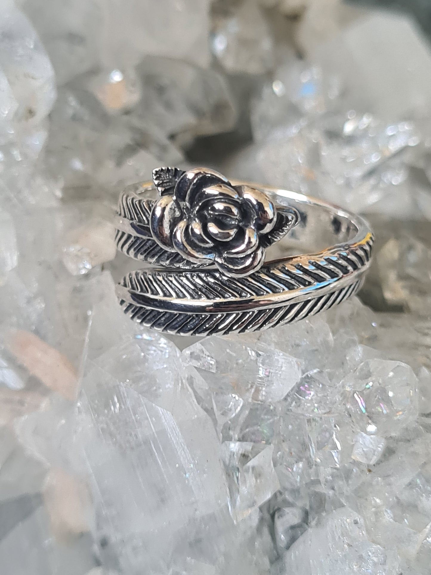 Adjustable Rose and Feather Ring| Size O, P, Q & T