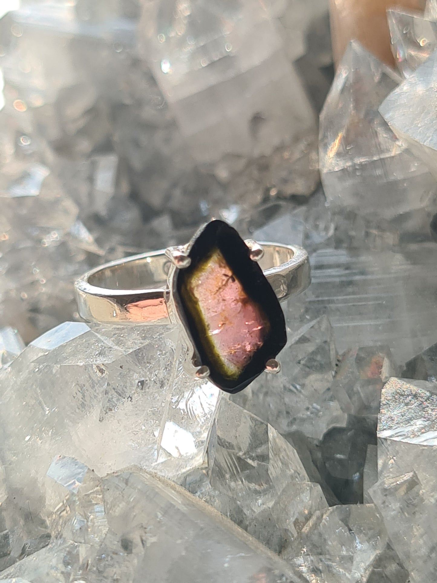 Watermelon Tourmaline Ring Size N, O, P & Q | Sterling Silver