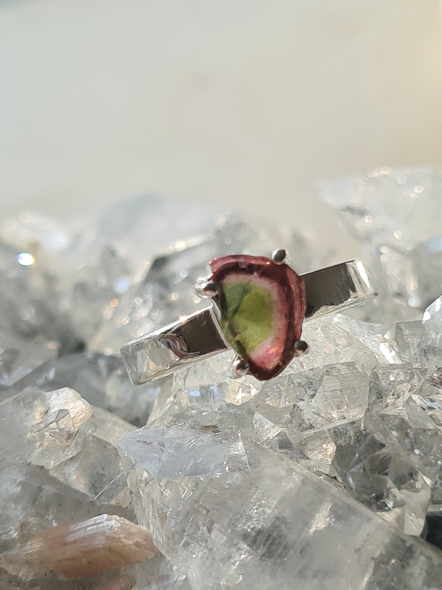 Watermelon Tourmaline Ring Size N, O, P & Q | Sterling Silver