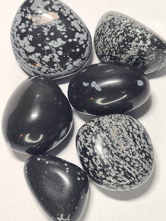 Natural Snowflake Obsidian Tumbles, containing white chrysobalite inclusions giving the look of snowflakes inside. 
Photographed on a white background. 