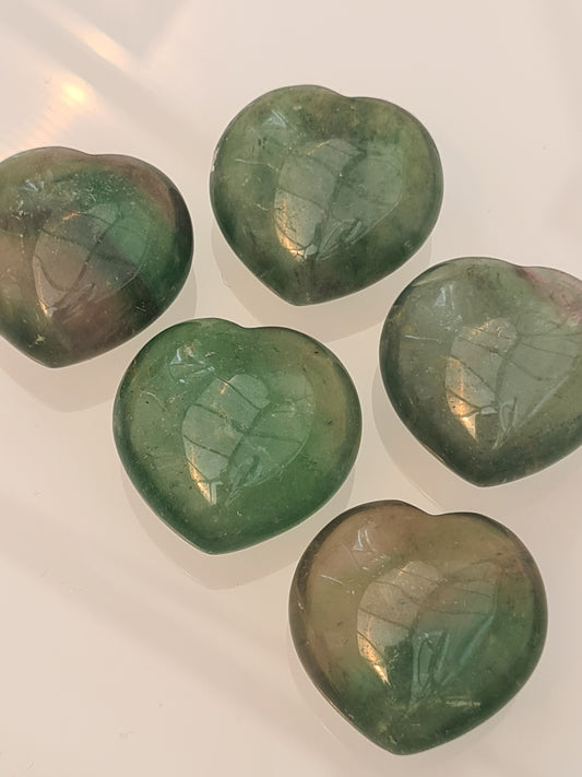 Five green fluorite hearts, 3cm size, intuitively chosen.