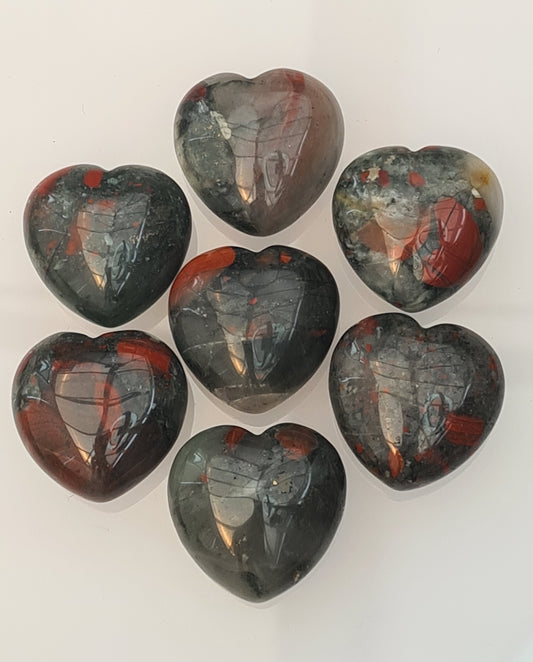 Small 3cm wide Bloodstone Hearts from Africa. In green, red and white.