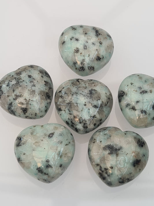 Natural Kiwi Jasper Small Crystal Hearts with quartz, jasper and amazonite. 6 shown on a white background. 