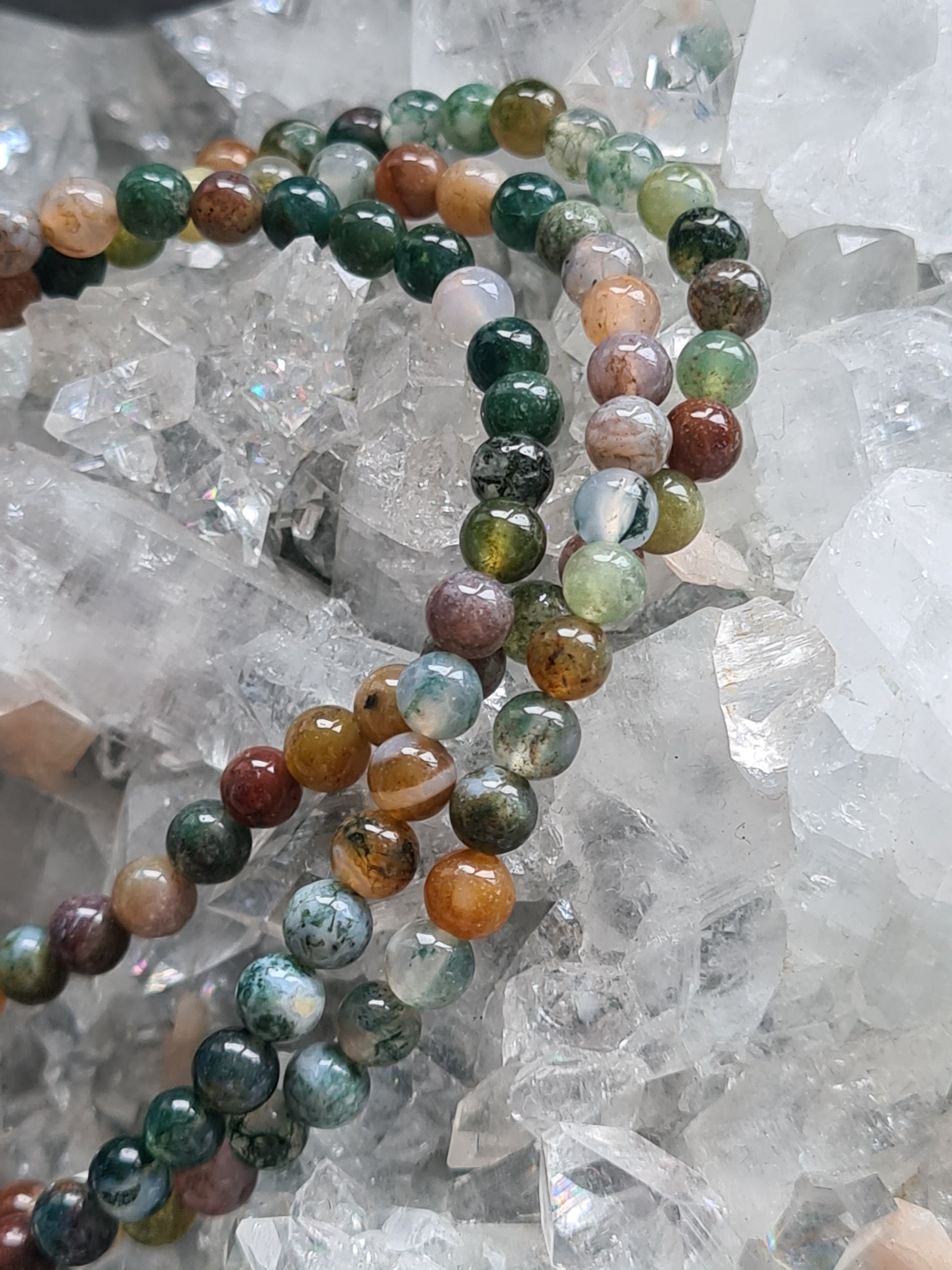 Three 4mm mixed agate beaded bracelets, in colours of green, red, orange and whiite.