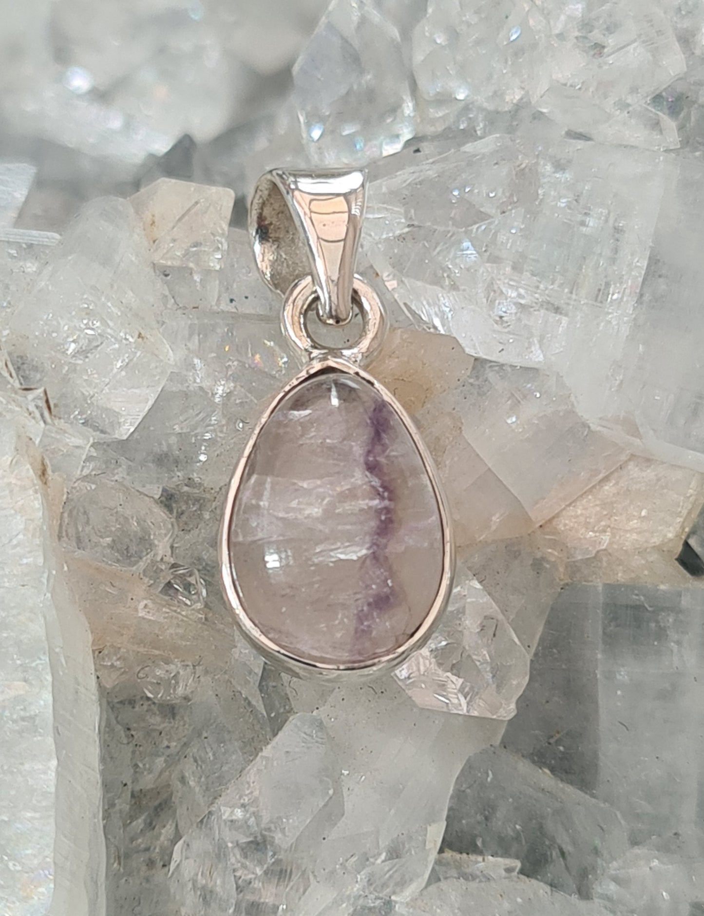 Natural Derbyshire Blue John Fluorite Pendant in Sterling Silver, Pear shaped with purple banding.