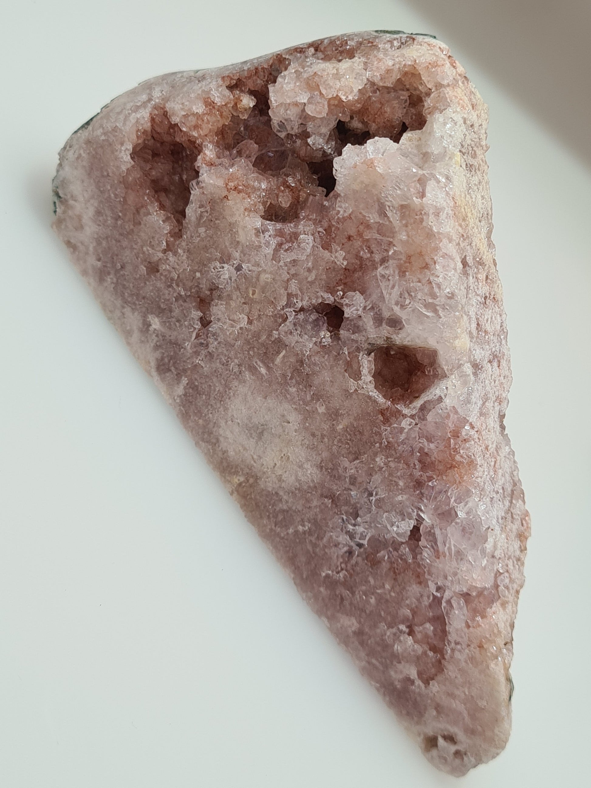 Natural Pink Amethyst Raw Edge Slab, Pizza slice shaped! With pink amethyst and flower amethyst. On white background. 