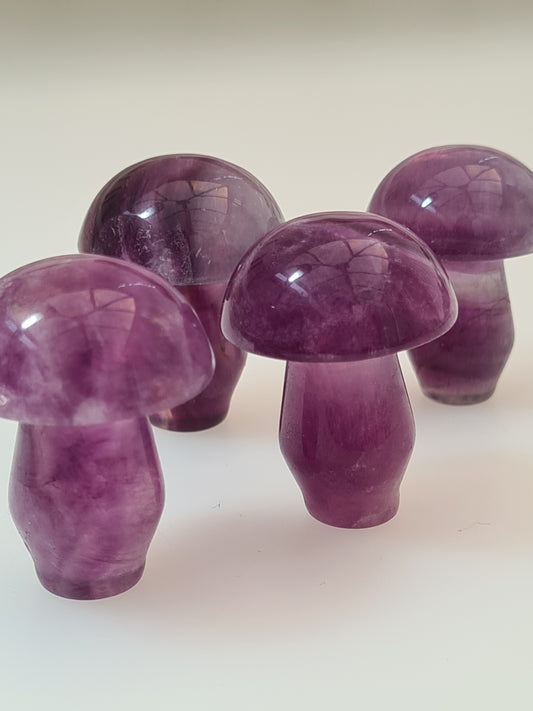 Four Purple Fluorite Small Mushroom Carvings, measuring approximately 3cm tall. Intuitively chosen. 
Photographed on a white background.