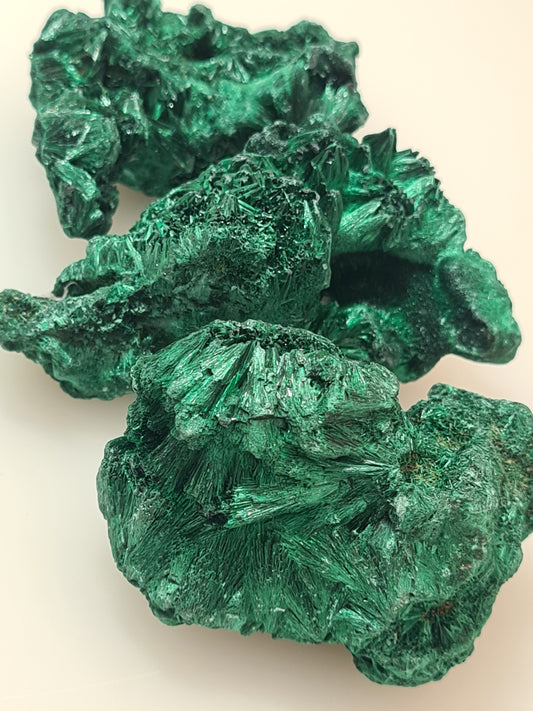 Three pieces of green silky malachite raw specimens on a white background. 