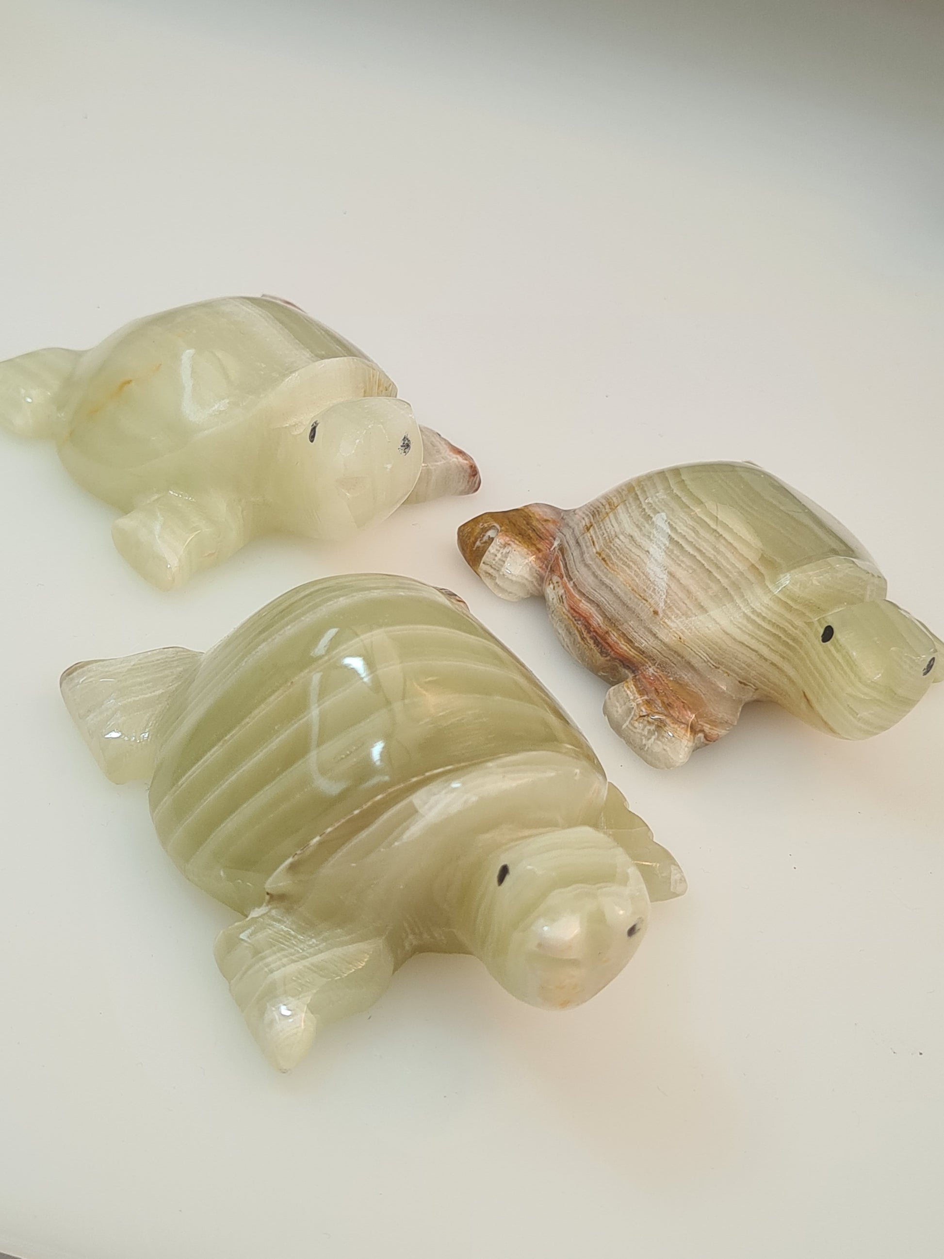 Banded calcite turtle carvings, in green with white, brown or yellow banding, smooth shells. Super cute! 
Three photographed on a white background.