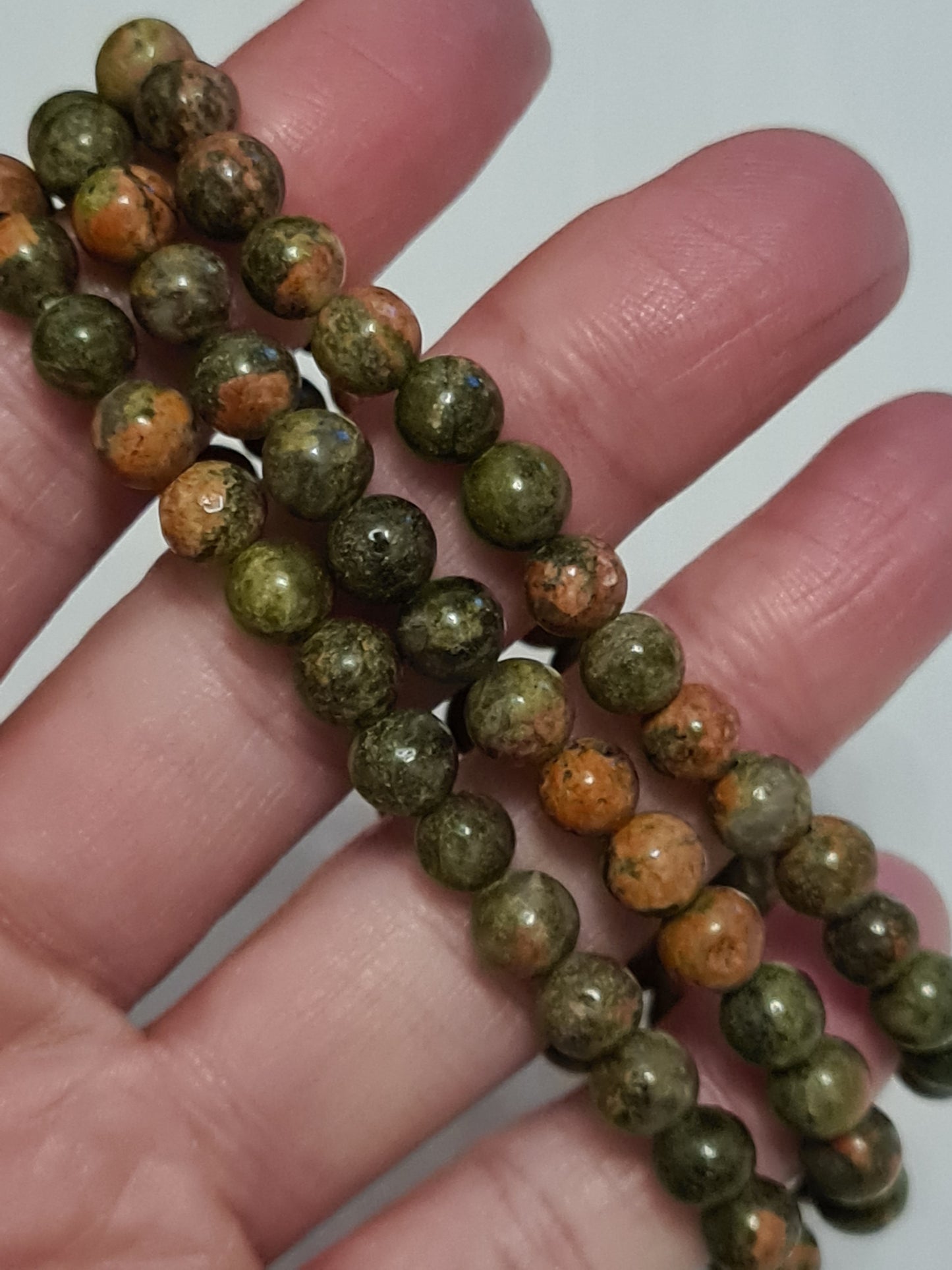 Three Green and Pink Patterned Unakite Crystal 6mm beaded bracelets