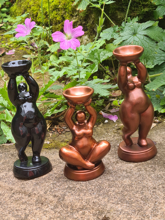 Curvacious Goddess Spheres Stands, Black Standing and Bronze Standing Goddesses shown