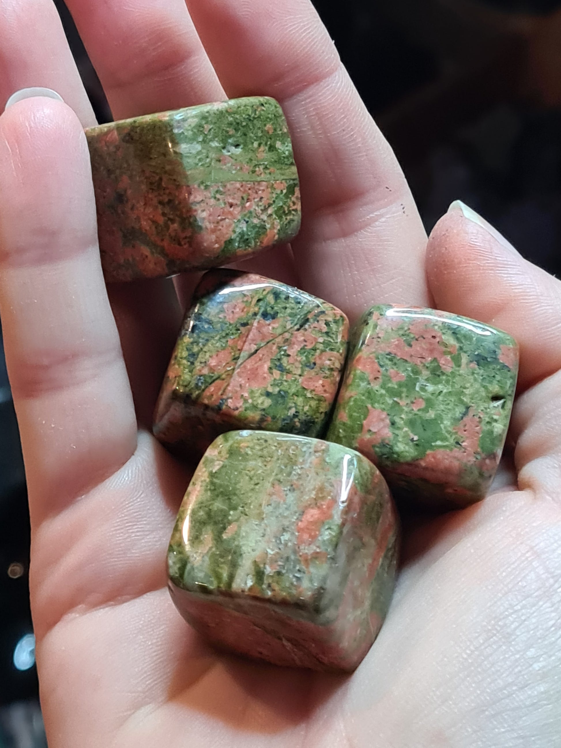 Unakite Crystal Cubes of Green Grabite with Pink Moonstone and Clear Quartz Inclusions