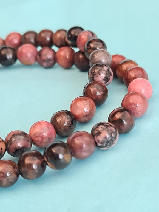 Two Pink Rhodonite with Black Veining 6mm bead bracelets from India