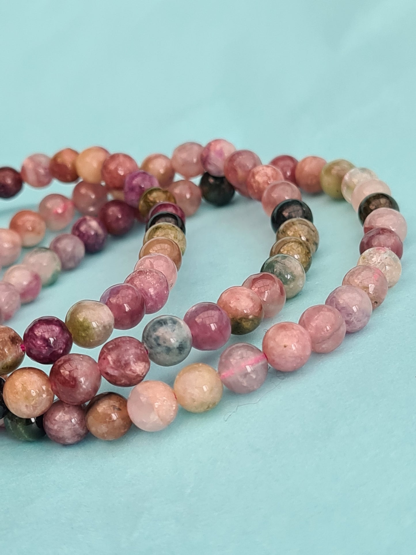 Three Rainbow Tourmaline in Watermelon colours of pink and green, 6mm Beaded Bracelets