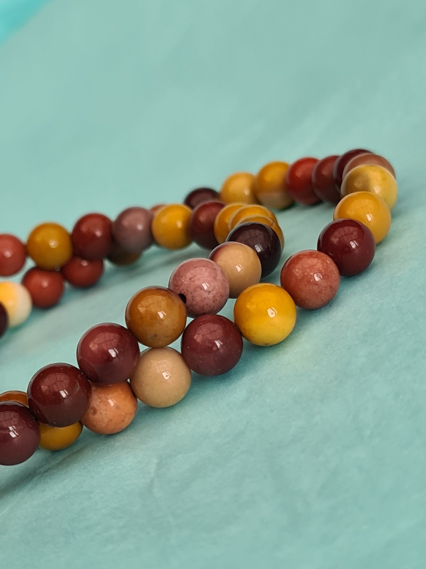 Two Vibrant Mixed Colour Mookaite 6mm Beaded Bracelets in shades of Yellow and Red