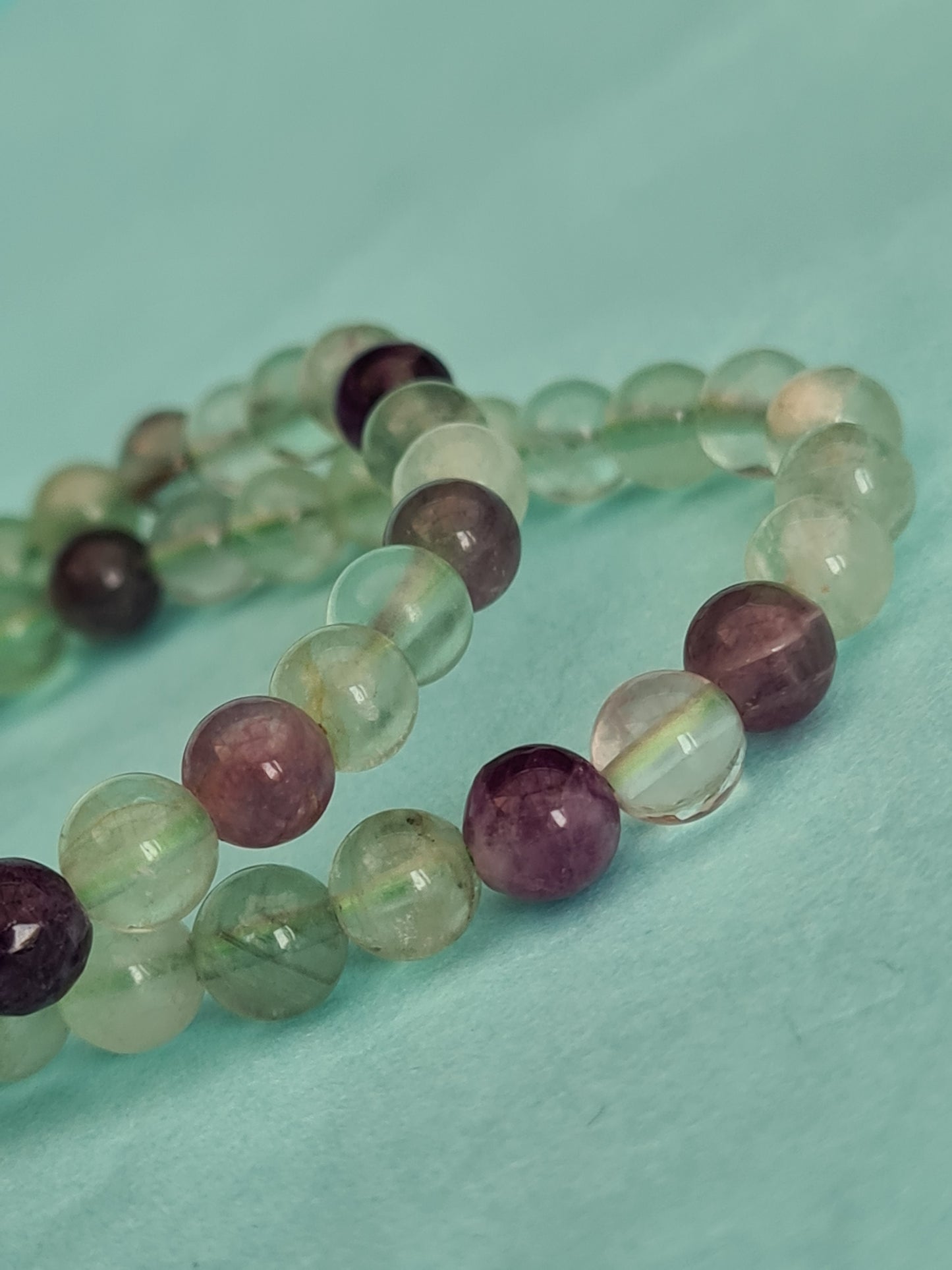 Two 6mm Beaded Bracelets in Rainbow Fluorite in shades of Purple and Green
