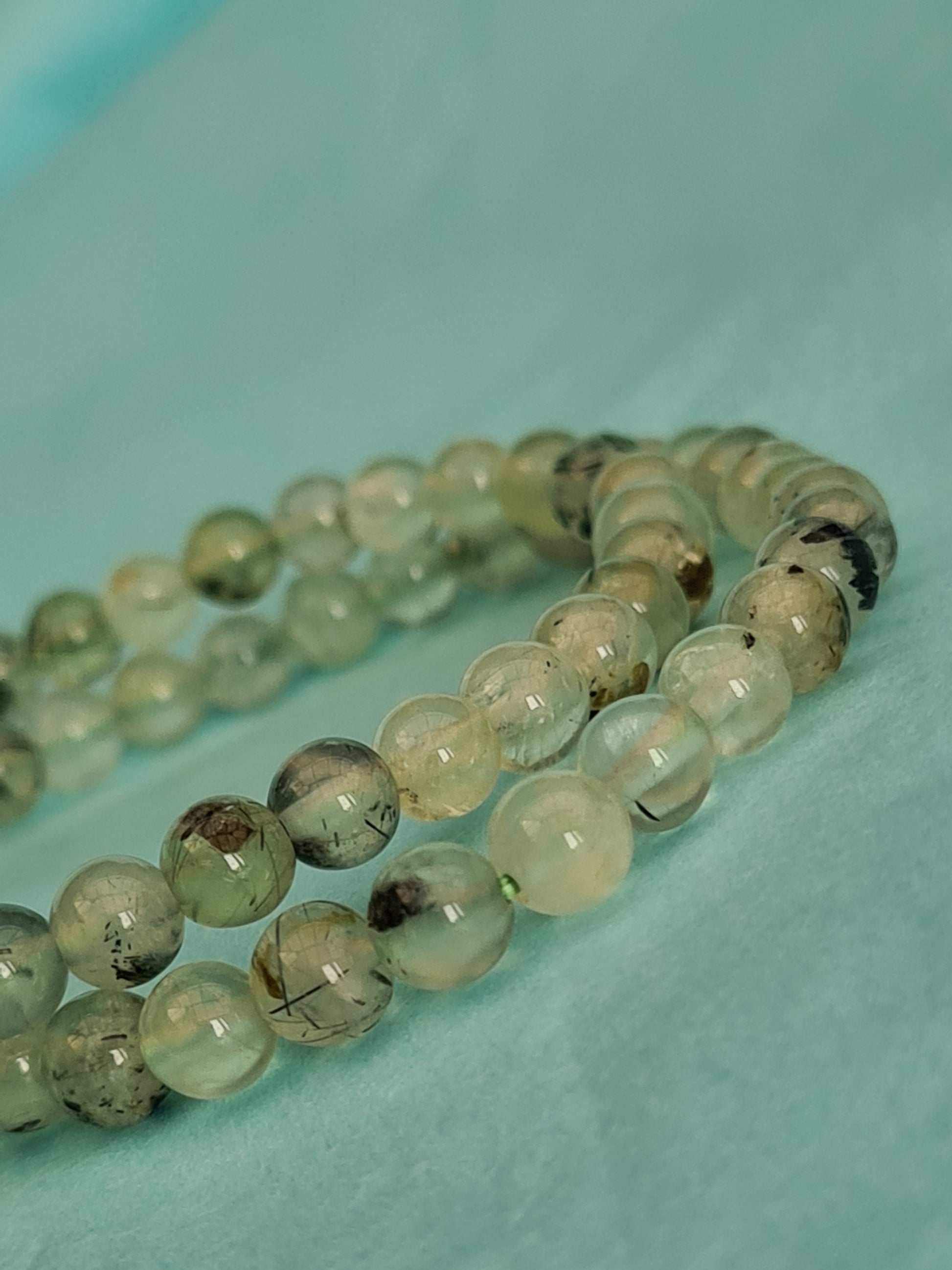 Two 6mm Beaded Bracelets in Green Prehnite with Epidote Inclusions