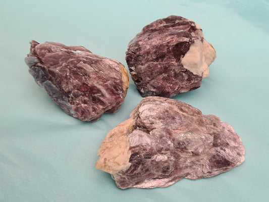 Three Pieces of Raw Gem Lepidolite, aka Purple Mica, in Layered formation with quartzite in some pieces