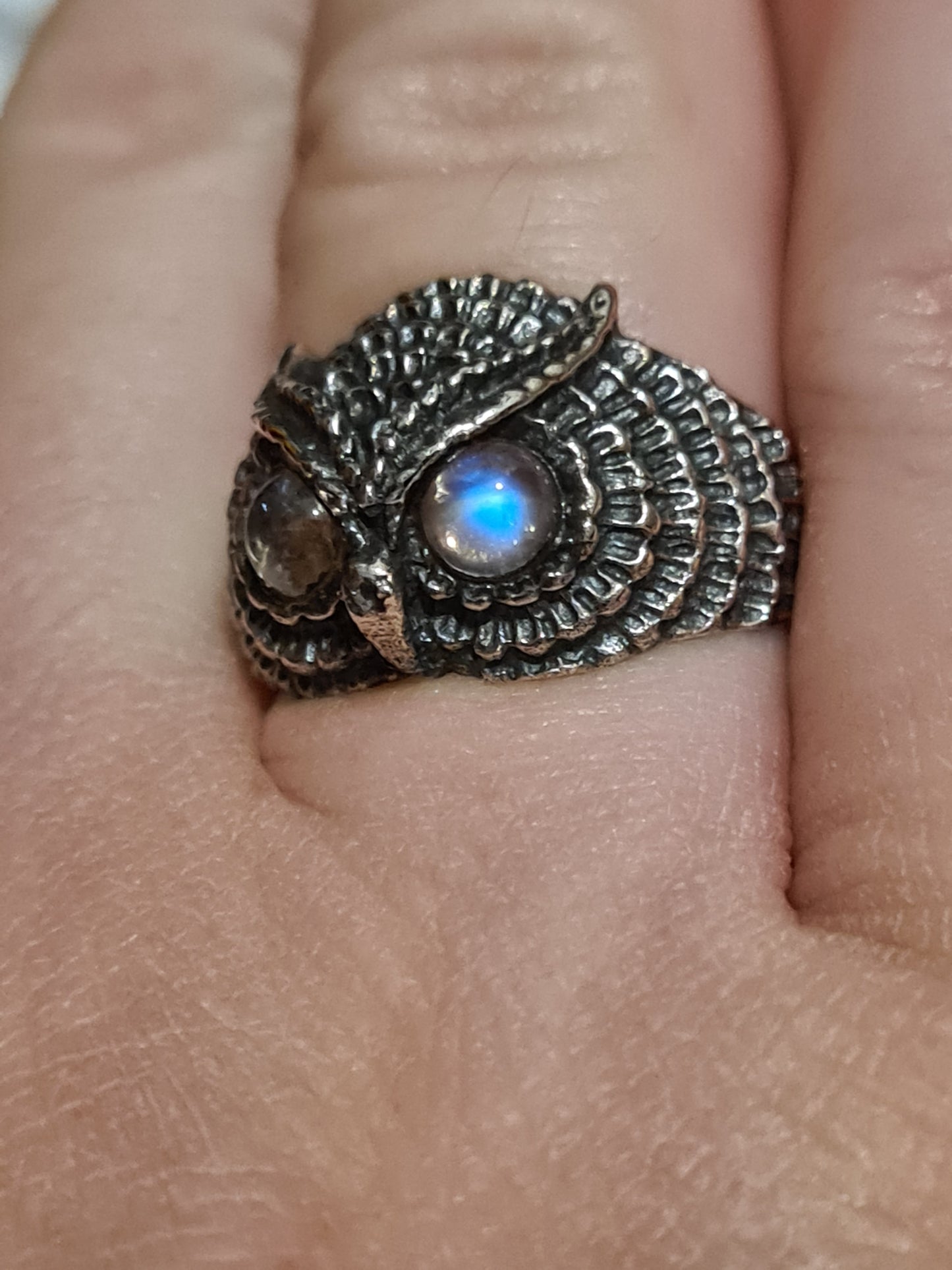 Rainbow Moonstone Owl Ring | Sterling Silver | Size N1/2
