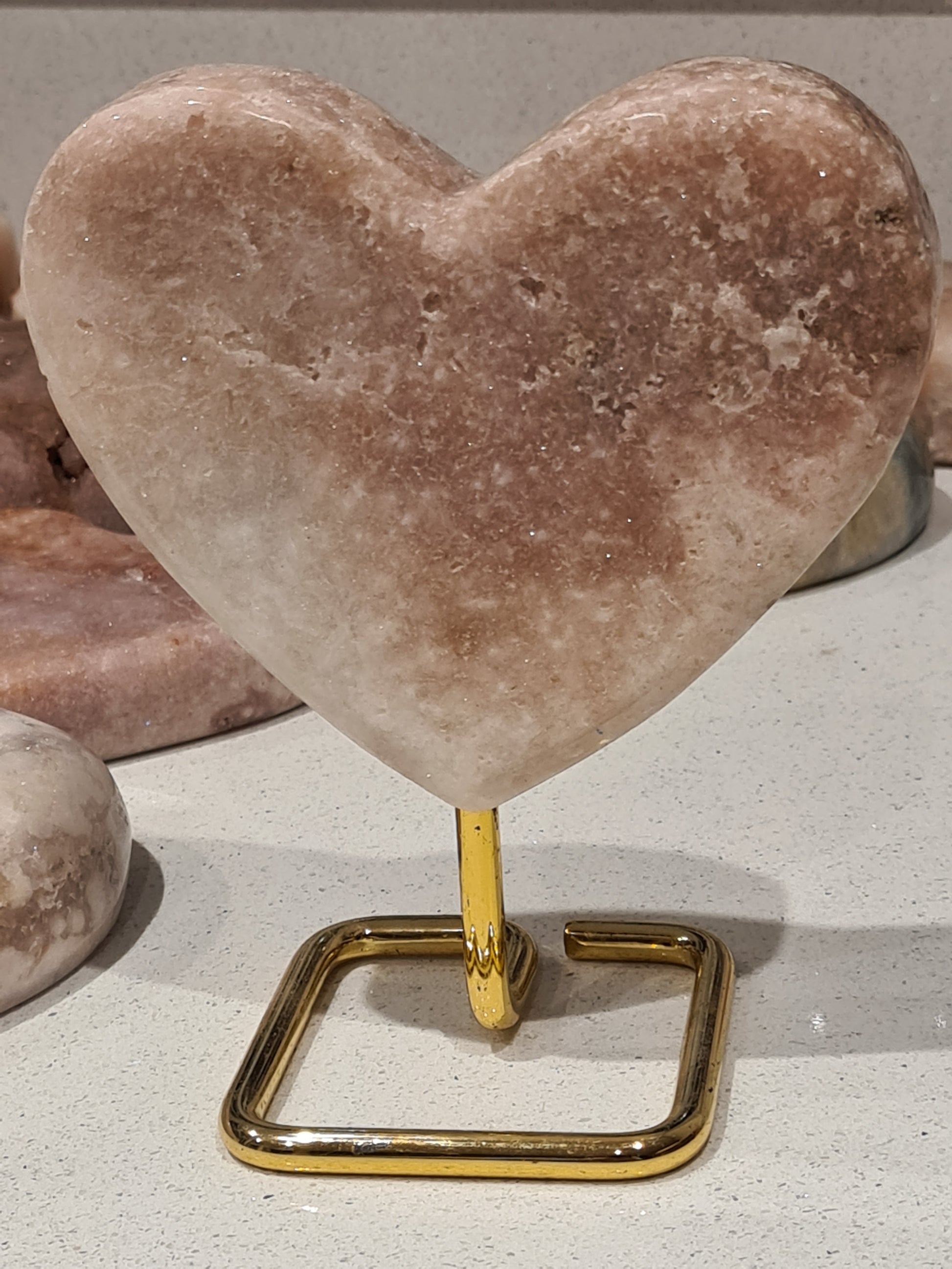 Sparkling Pink Amethyst Heart from Brazil on Gold Coloured Stand