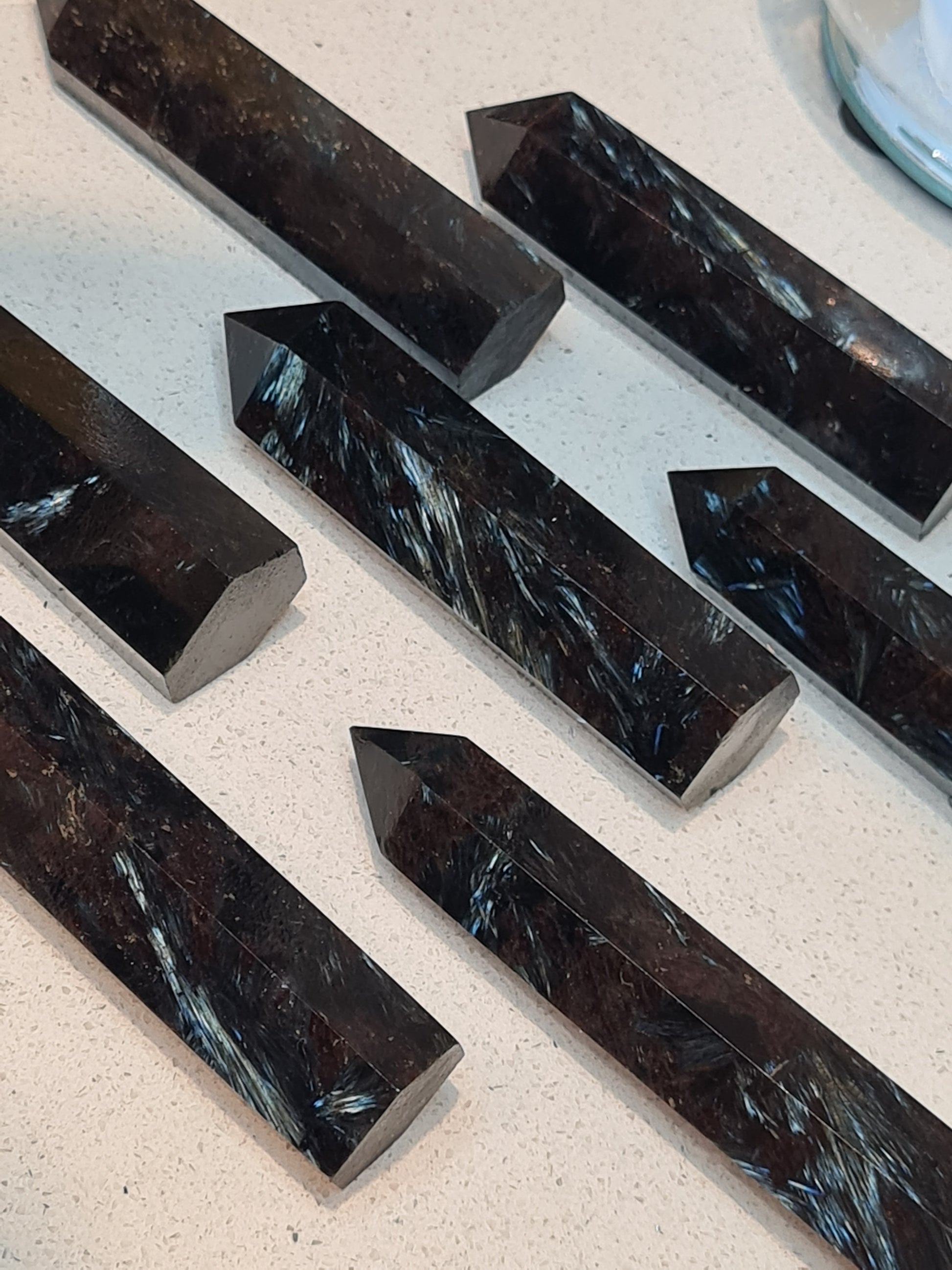 Arfvedonite Firework Stone Crystal Towers, black bodycolour with white and blue flashy inclusions