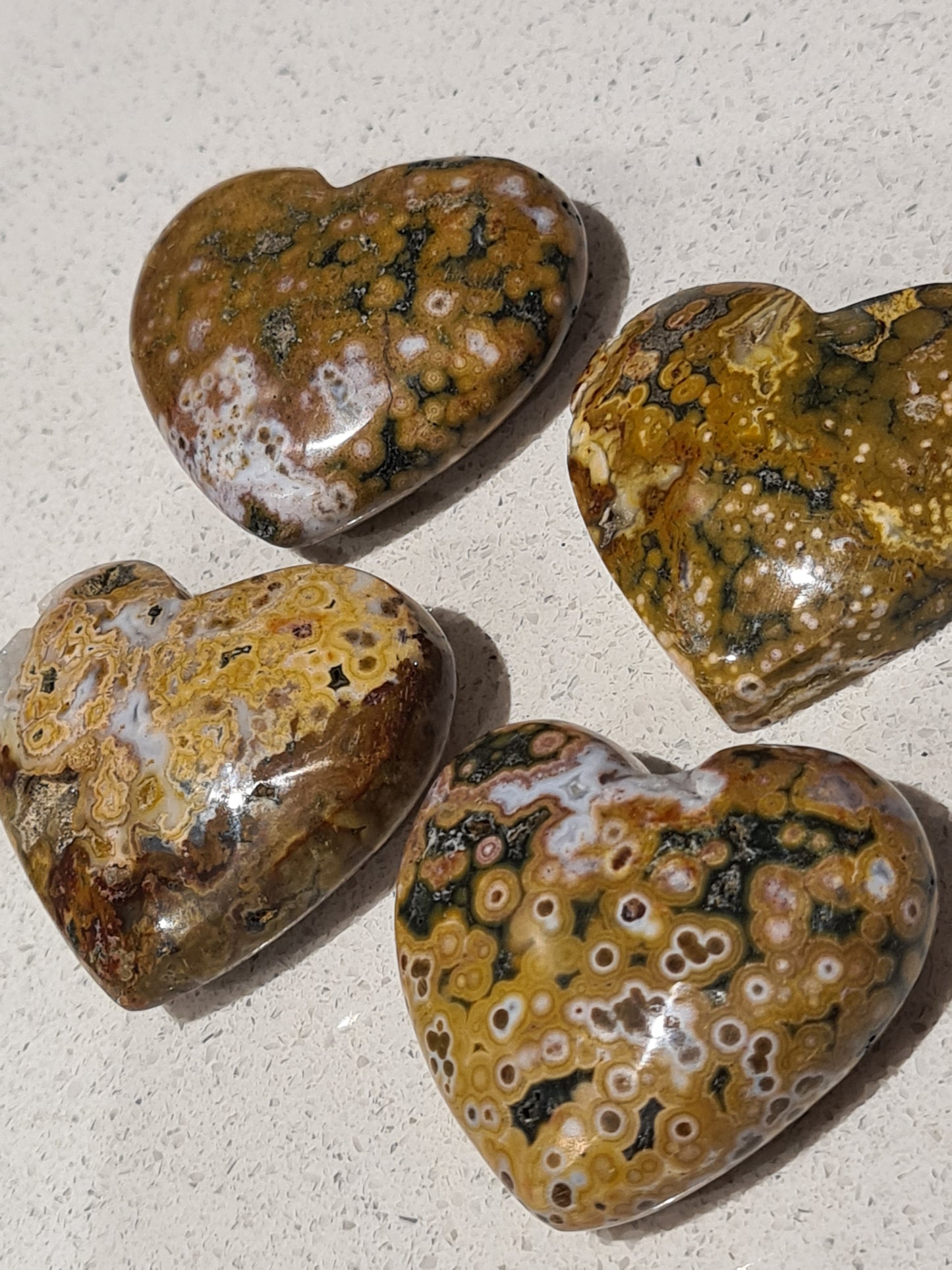 Four Autumnal Coloured Orbicular Jasper Puffy Heart Carvings