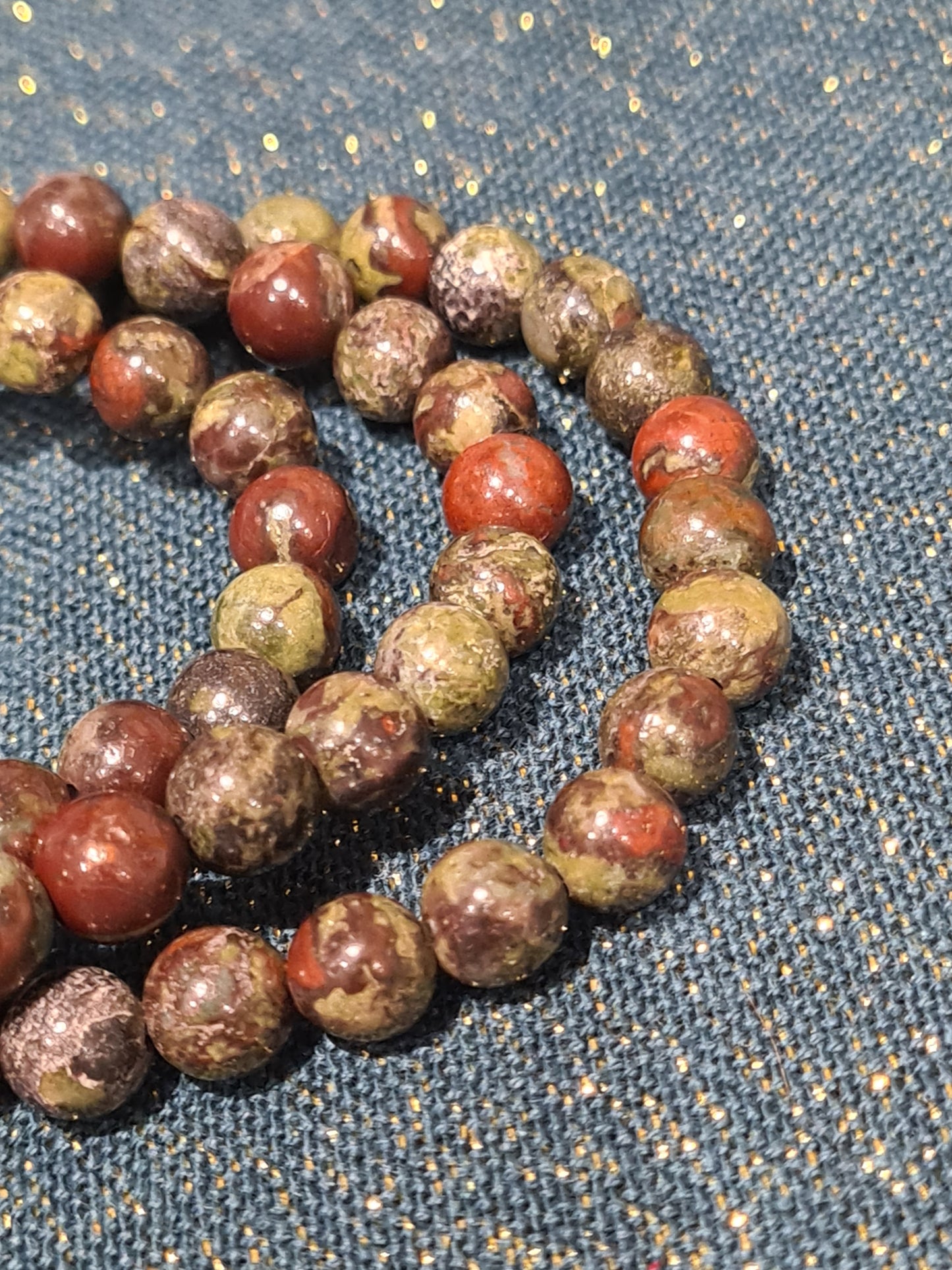 Three Heliotrope aka Bloodstone 6mm beaded bracelets in green with red chalcedony inclusions