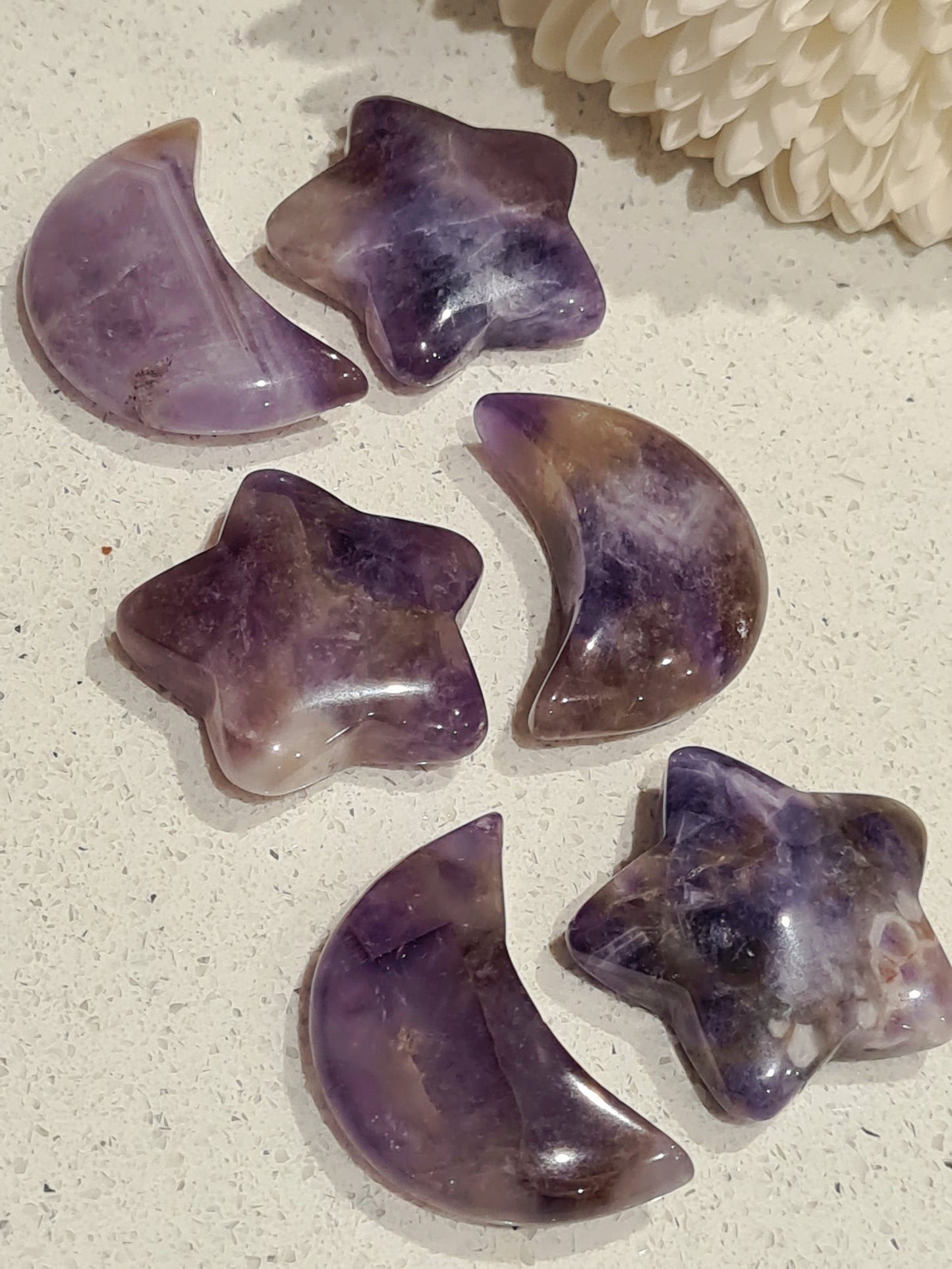 Dream Amethyst Small Stars and Crescent Moons, 3 of each available.