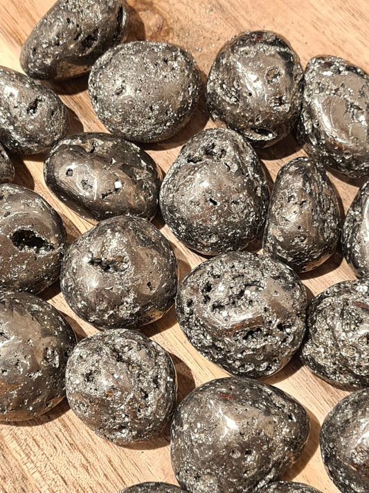 Natural Metallic Pyrite Tumbles from Peru. 3 sizes available.