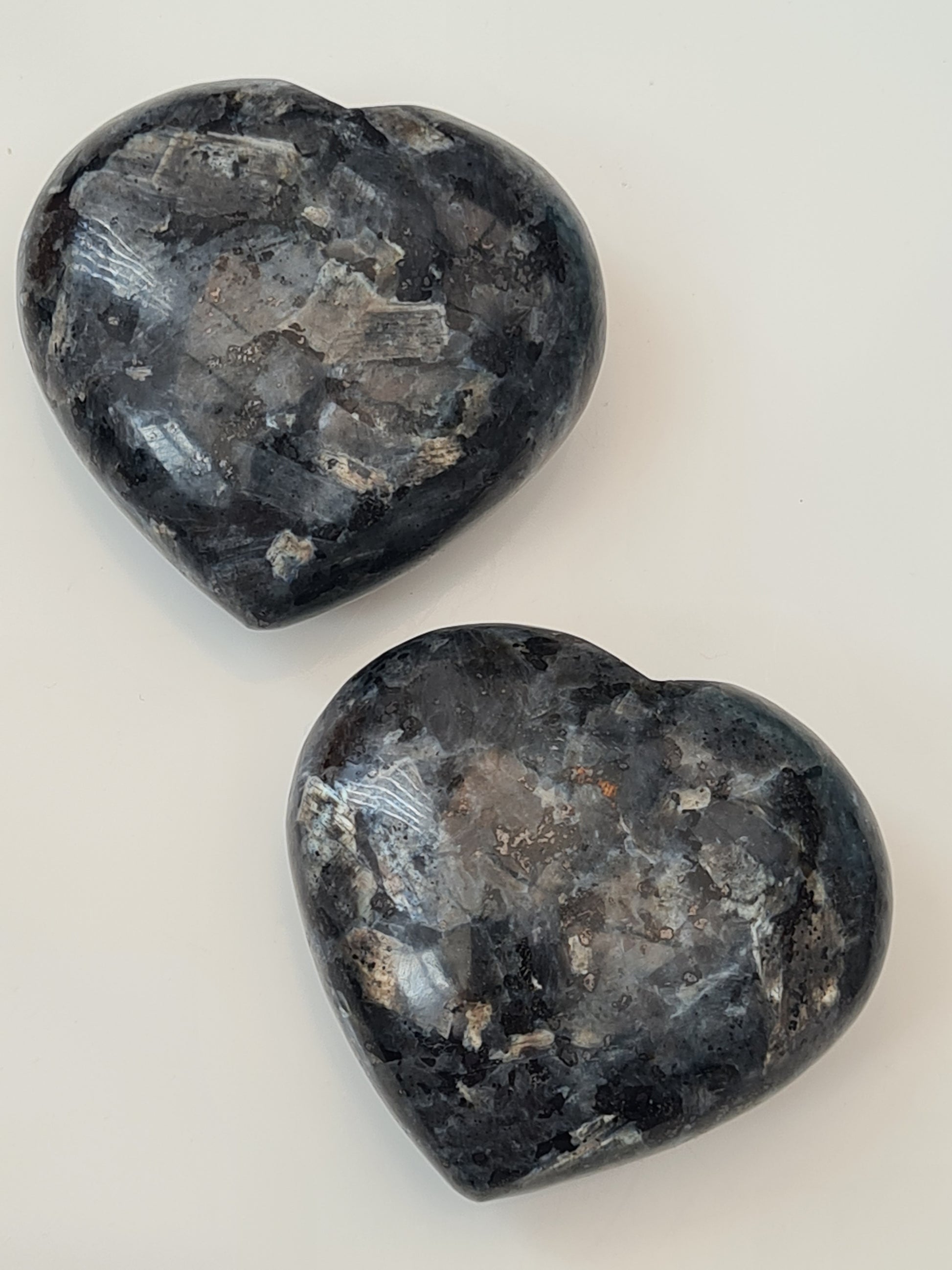 Natural Larvikite Heart Carving from Norway. Black body colour with silver flashes. Approx. 7cm wide.