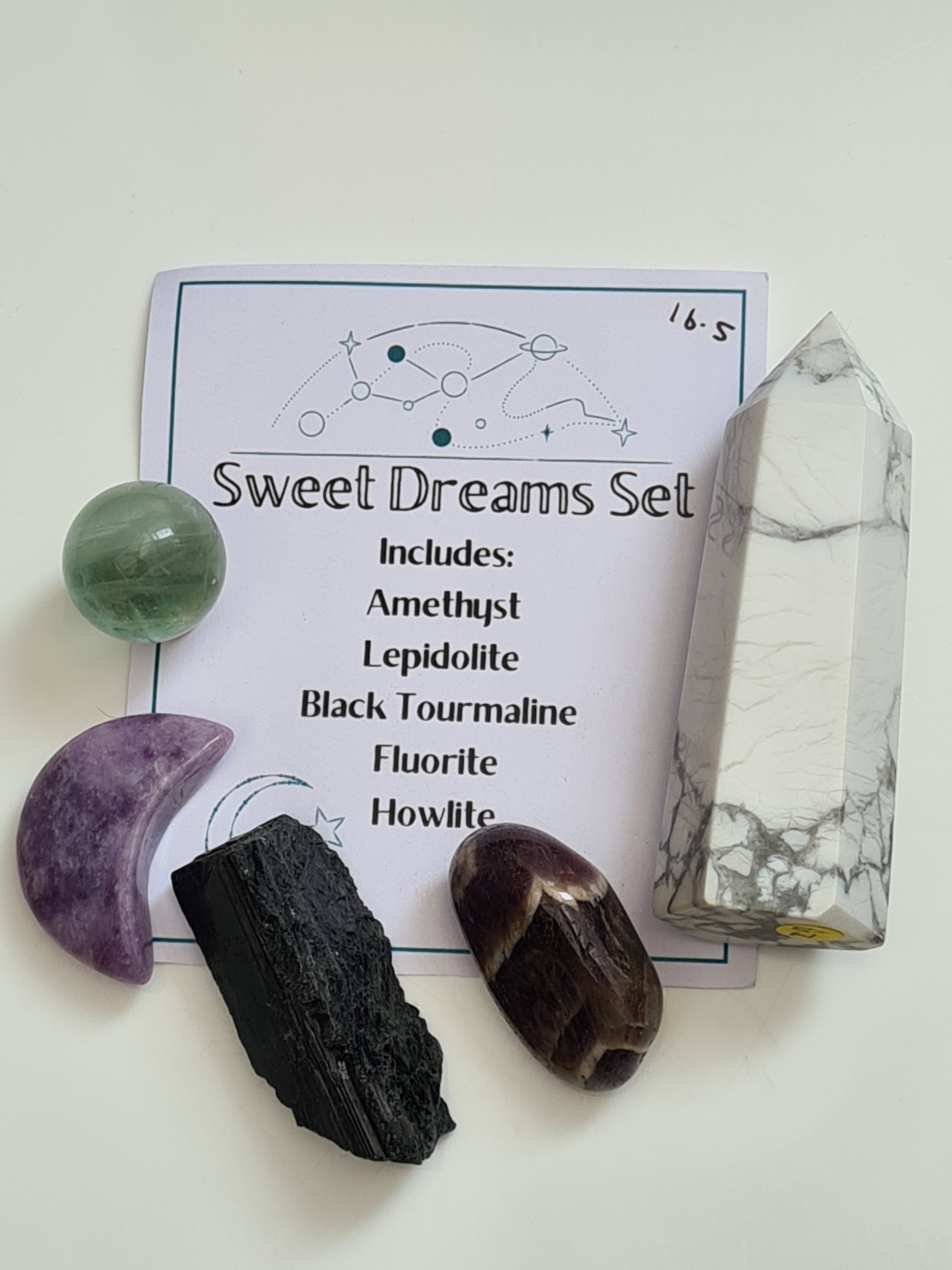 Sweet Dreams Crystal set to include Dream Amethyst, Fluorite, Lepidolite, Black Tourmaline and Howlite. Perfect set for those who need a restful sleep