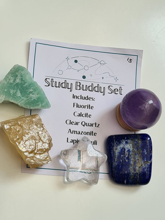 Study Buddy Crystal Set. To include Fluorite, Calcite, Clear Quartz, Amazonite and Lapis Lazuli.