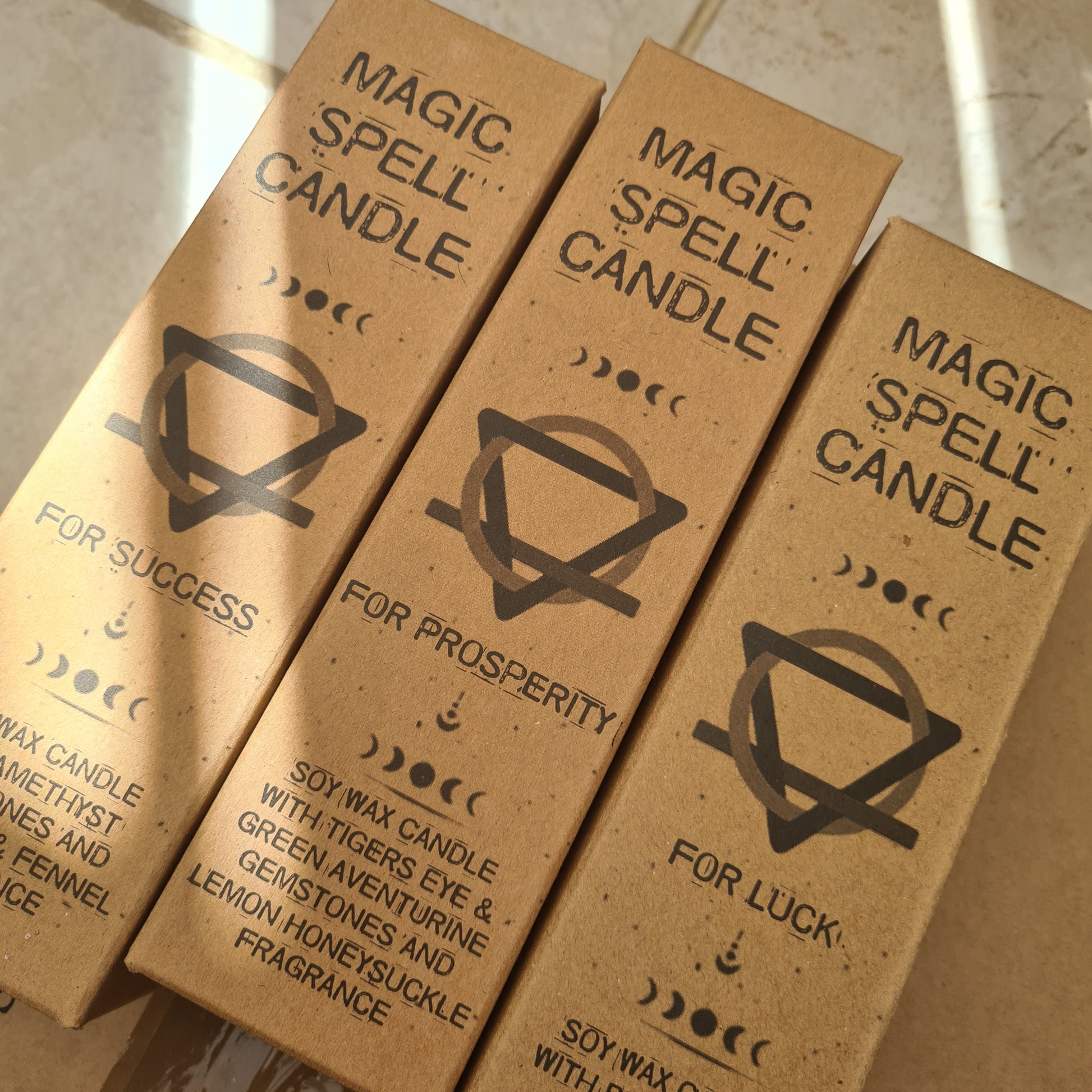 Magic Spell Candles for Success, Prosperity and Luck. Shown in the outer packaging.