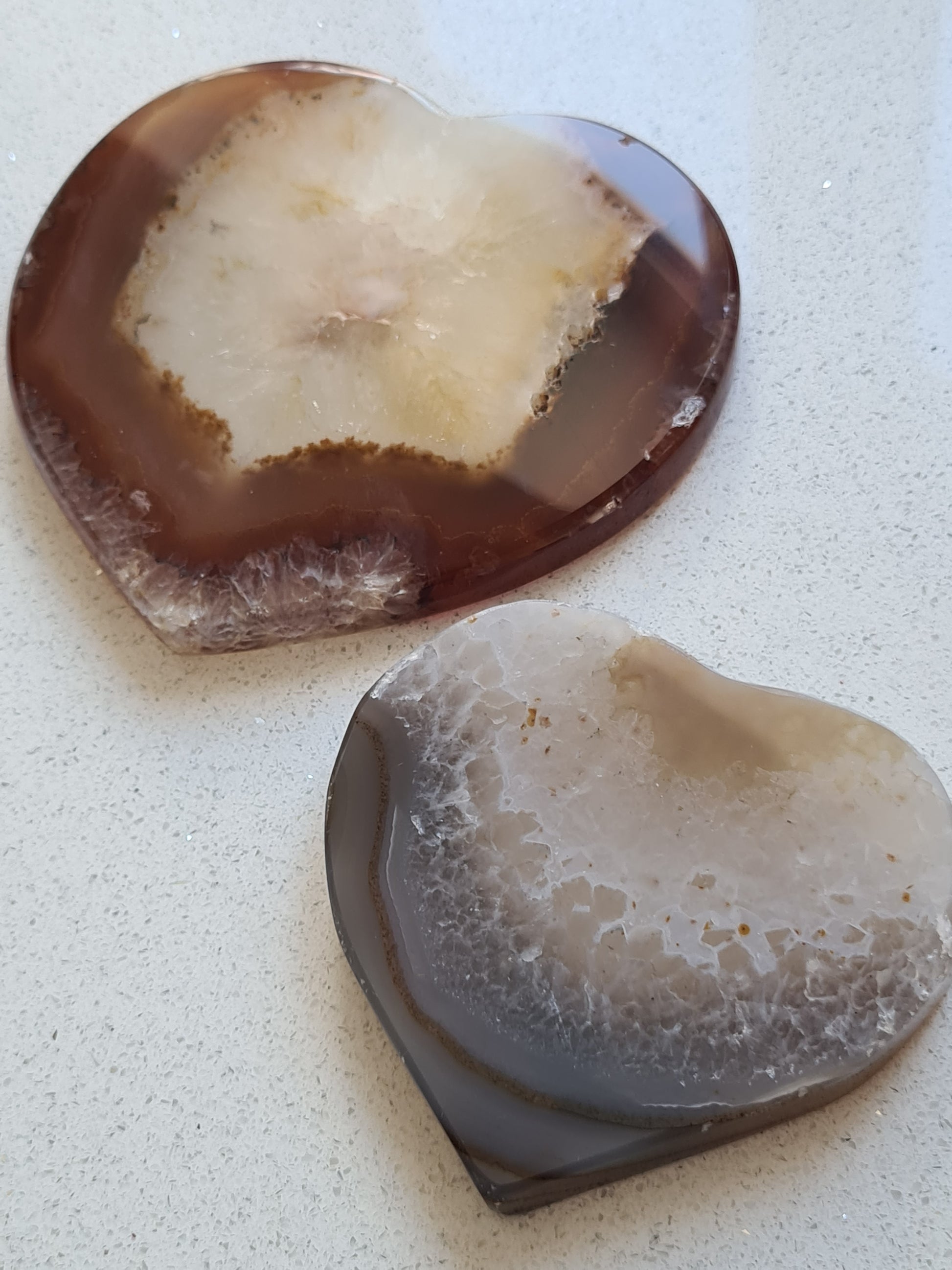 Two Banded Agate Hearts from South Africa. In colours of brown, white, grey and blue