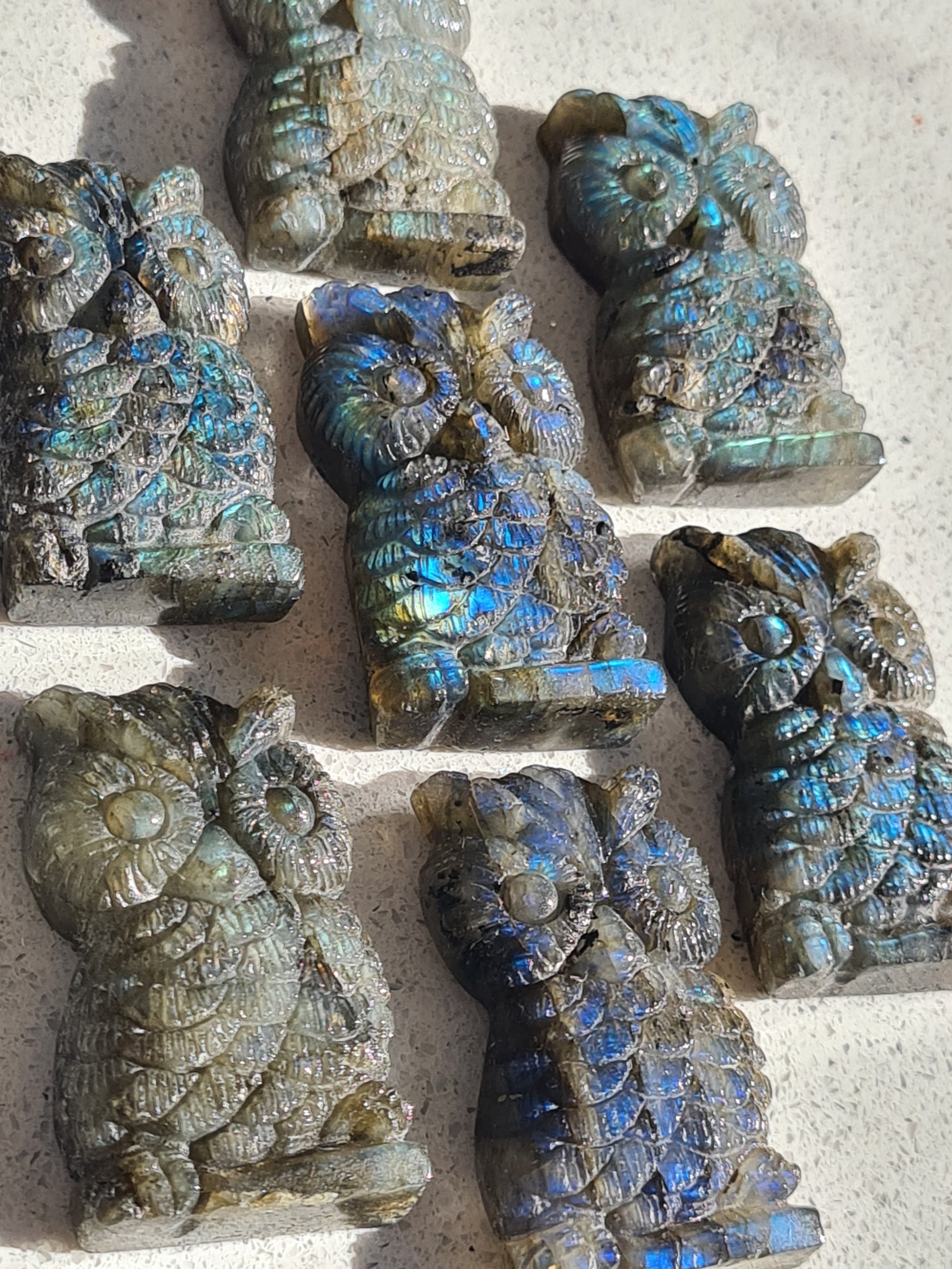 Beautiful Labradorite Owl Carvings showing multi coloured flash. 8 available.