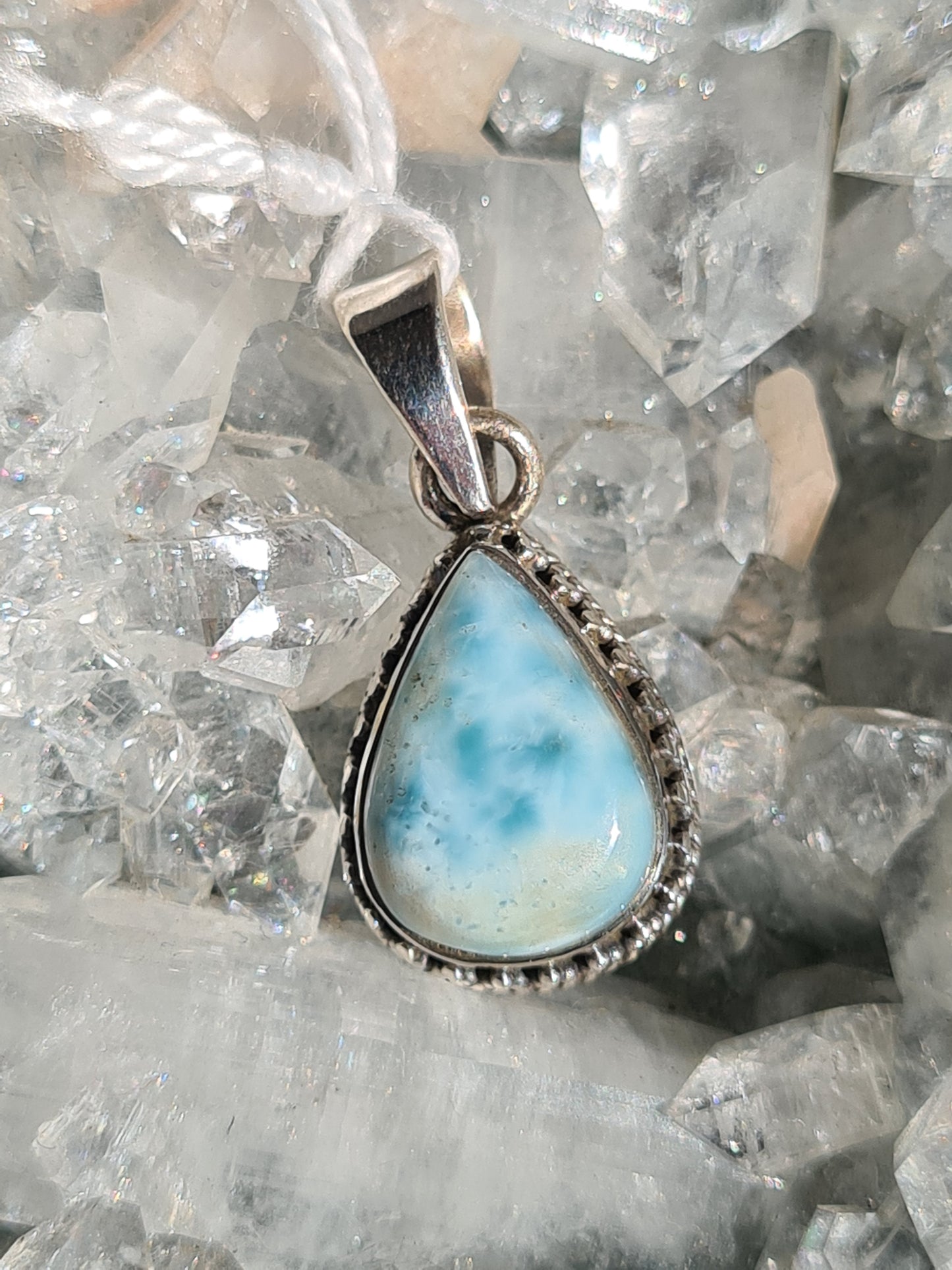 Pear Shaped Natural Blue Larimar Set Pendant in Sterling Silver. 