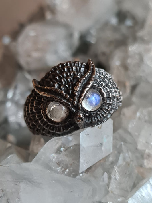 Rainbow Moonstone Owl Ring | Sterling Silver | Size N1/2