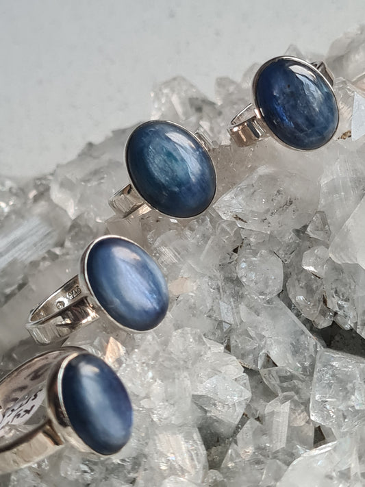 A collection of Blue Kyanite Rings in Sterling Silver. sIZE n AND o AVAILABLE