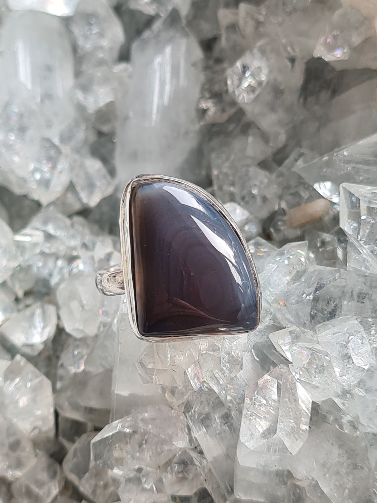 A unique Sail shaped Grey Botswana Agate Ring in Sterling Silver size UK O