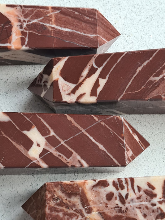 Chocolate Jasper Obelisks showing deep chocolatey browns and creamy whites. All naturally coloured and unique.