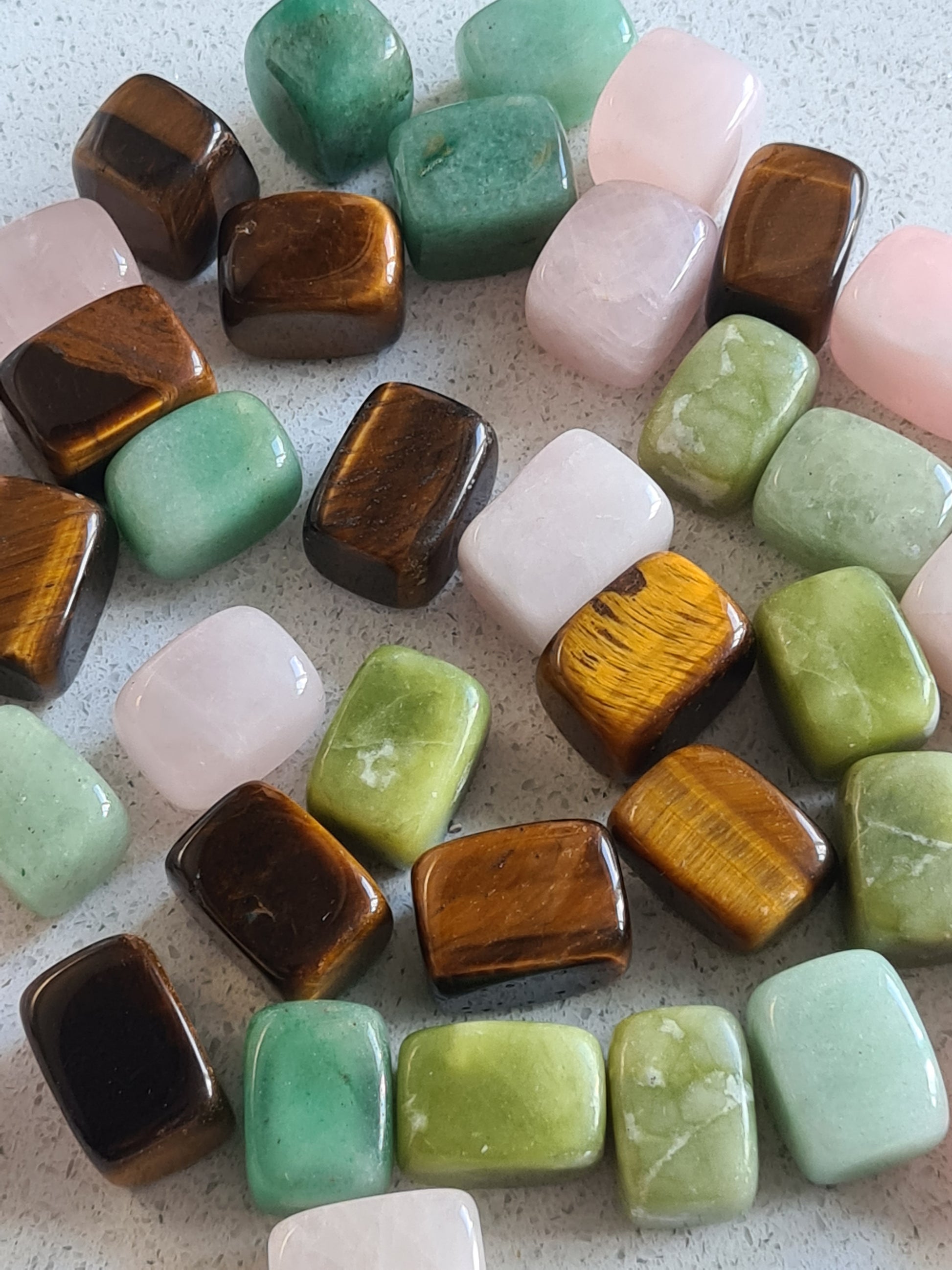 Mixed Crystal Cubes. Shown rose quartz, serpentine, aventurine and tigers eye.