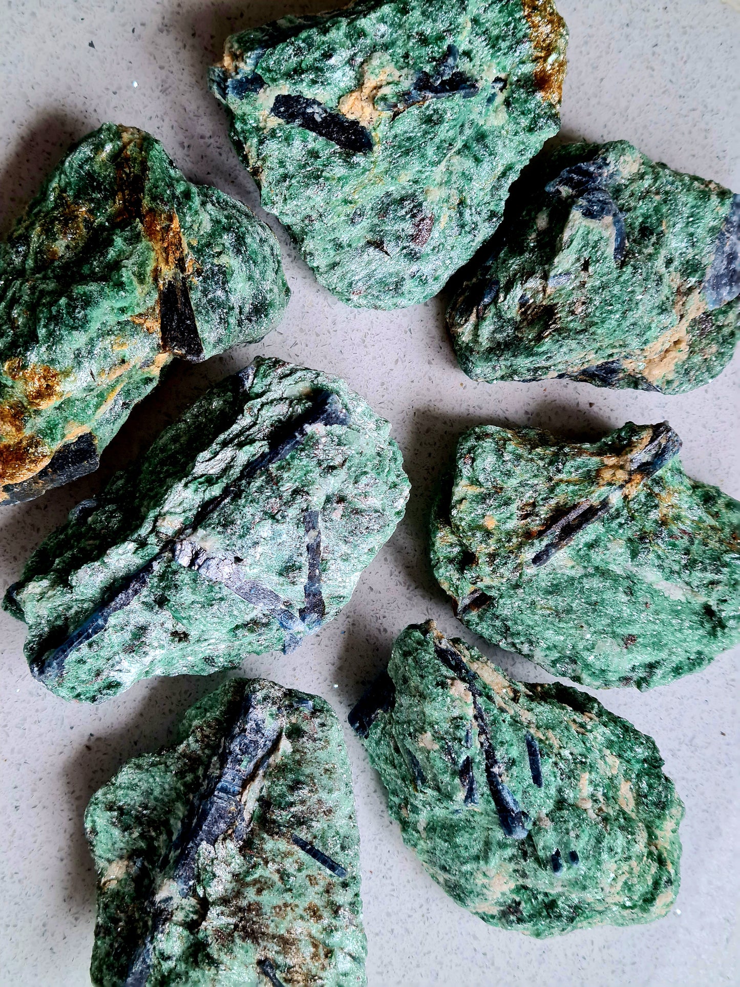 Raw Green Fuchsite with Blue Kyanite Specimens