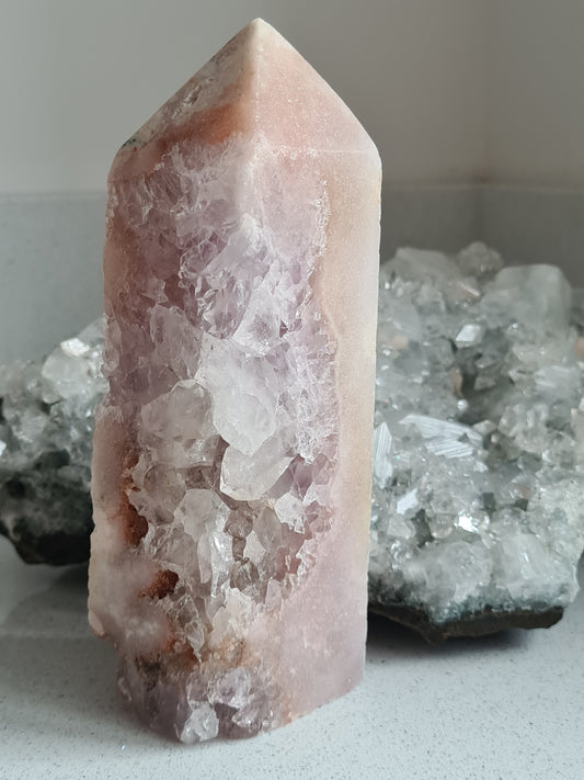 Chunky Pink Amethyst Obelisk from Brazil, with amethyst and clear quartz druzy