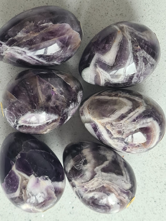 Collection of Dream Amethyst AKA Chevron Amethyst Crystal Eggs, 6 available. Please choose from the menu.