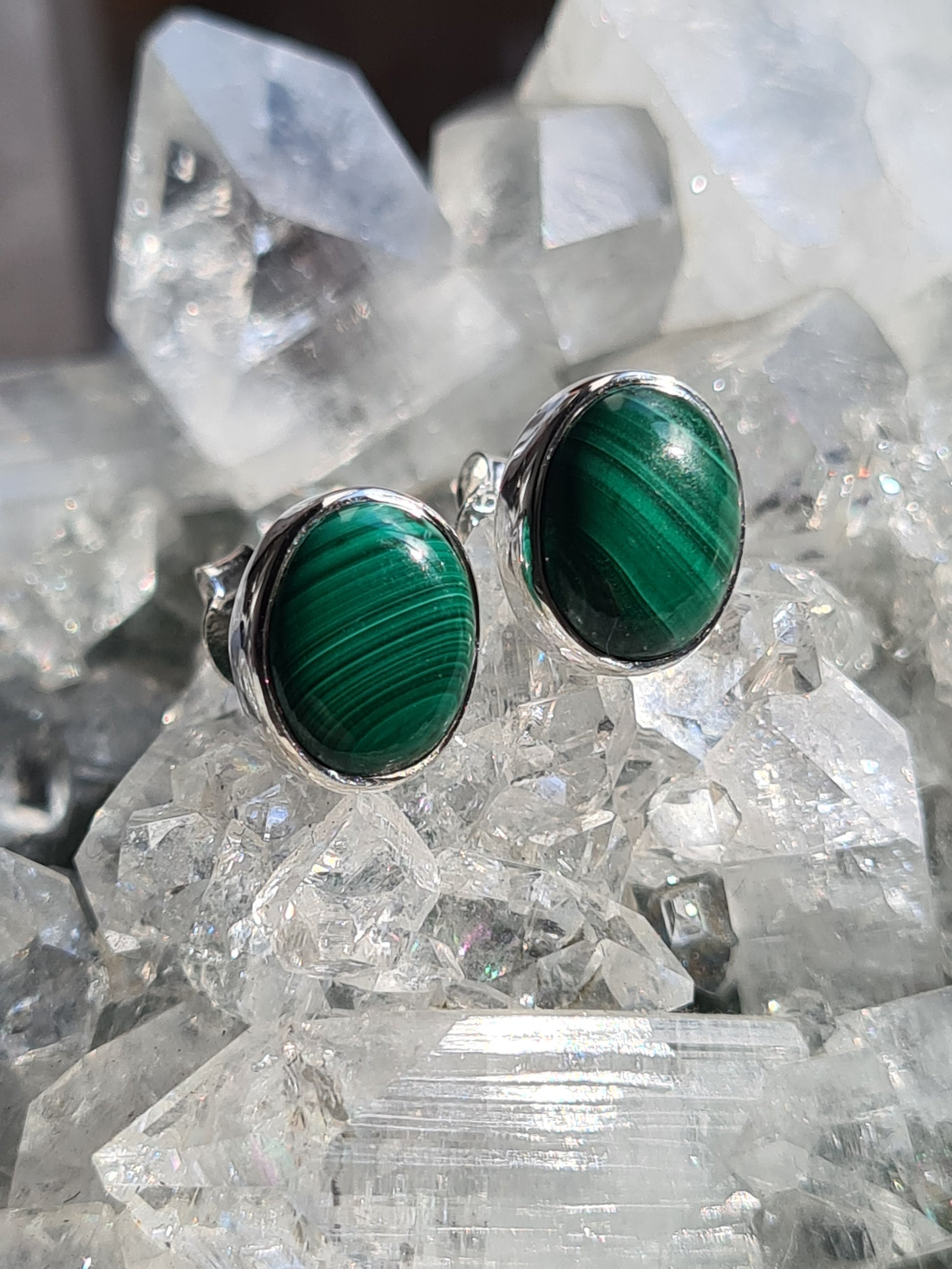 Oval Shaped Natural Malachite Cabochon set into sterling silver with pin and butterfly fitting for pierced ears