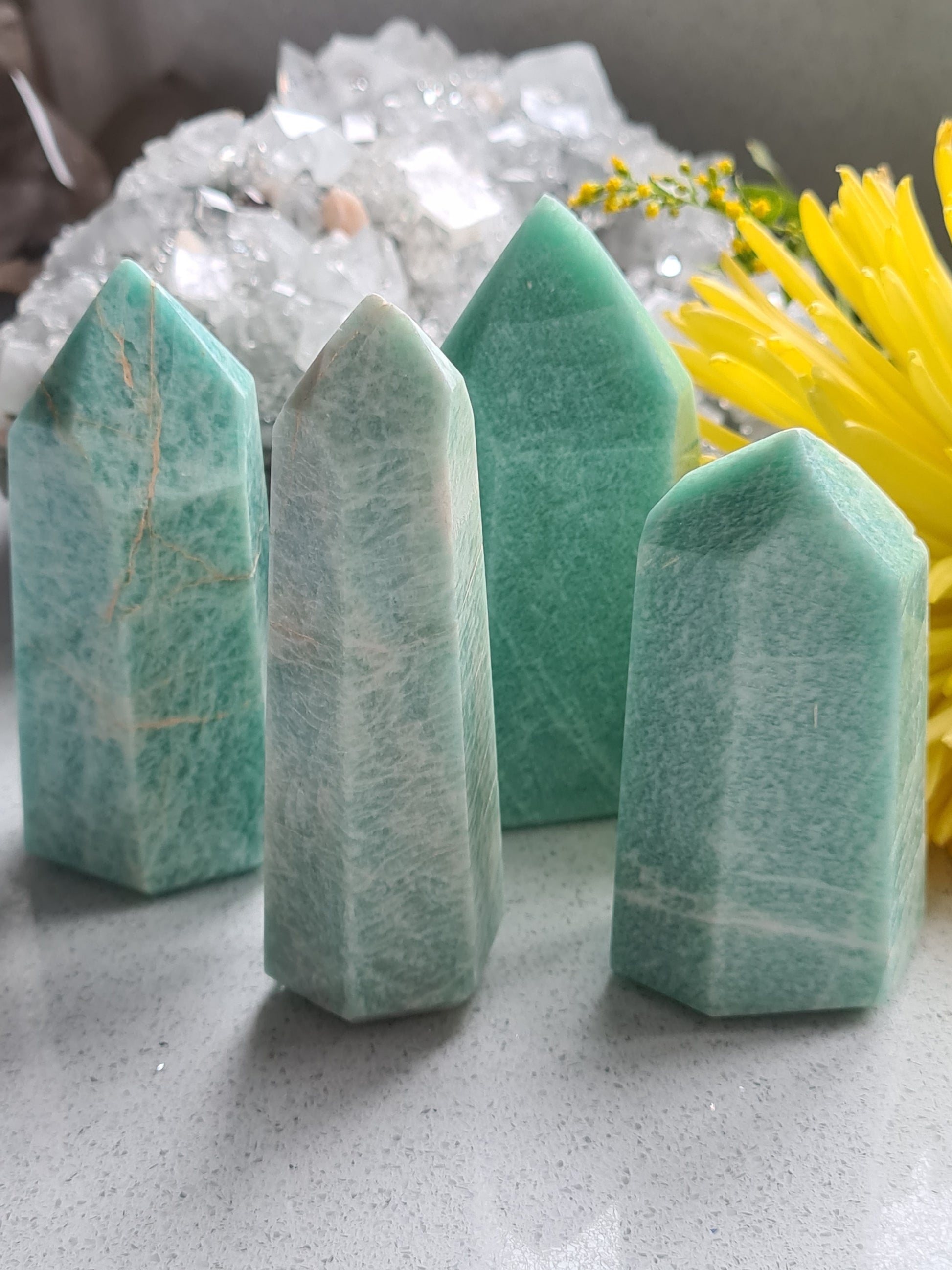 A collection of natural amazonite towers from Brazil